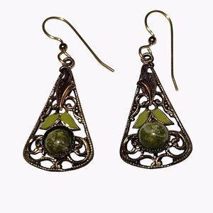 Filigree Flowered Triangle Drop Earrings Green Stone Boho Womens Costume Jewelry